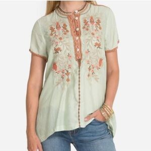 Johnny Was Embroidered Mint Green Blouse